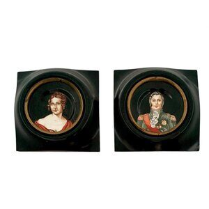 Antique Portrait Miniature Plaque Painting Pair French Couple Classic Art Decor